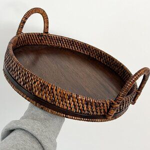 boho brown wooden rattan round tray with handles